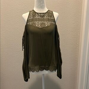 Express Olive Lace Cold Shoulder Blouse